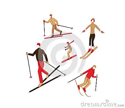 Vector illustration of skiers and snowboarders. Sports men and women in the ski resort. Vector Illustration