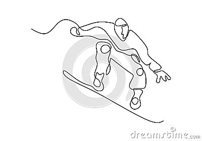 Vector illustration of skiing young pro guy in the mountains, and snowboarding. Continuous one line drawing. Minimalism design Vector Illustration