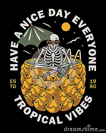 Vector illustration skull soaking in pineapple cocktail. Vector Illustration