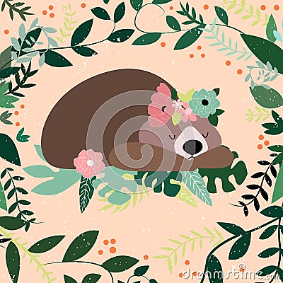 Vector illustration with sleeping bear ,leaves, branches and flower. Lovely cute children illustration. Kids illustration Vector Illustration