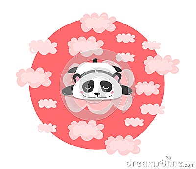 Vector illustration with sleeping or dreaming panda in pink clouds. Baby, children, kawaii print. Vector Illustration