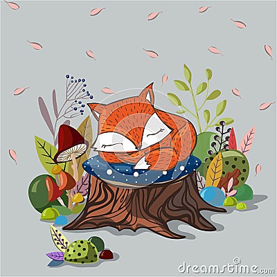 Vector illustration with slipping baby fox Cartoon Illustration