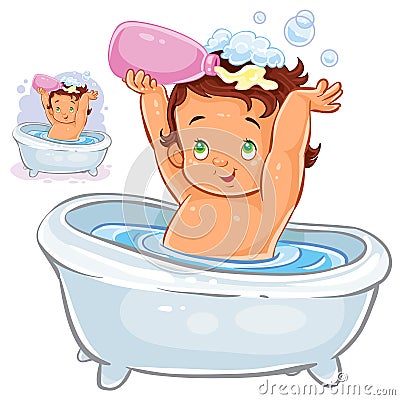 Vector illustration of a small child sitting in the bathroom and pouring shampoo on his head. Vector Illustration