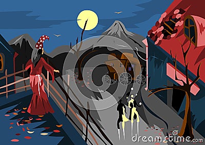 In a small village is a carnival, and the enchantress is watching from the roof of the house Vector Illustration