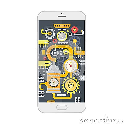 Vector illustration of smartphone with different steampunk vintage cogs, gears and scales inside. Technology concept. Vector Illustration