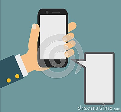 Vector illustration of smartphone in human hand with speech bubble Vector Illustration