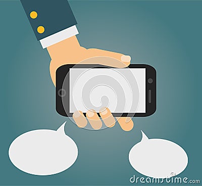 Vector illustration of smartphone in human hand with two speech bubbles Vector Illustration