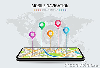 Vector illustration of smartphone with mobile navigation app on screen. Route map with symbols showing location of man Vector Illustration
