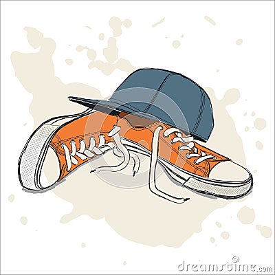 Vector illustration with sneakers and baseball cap Vector Illustration