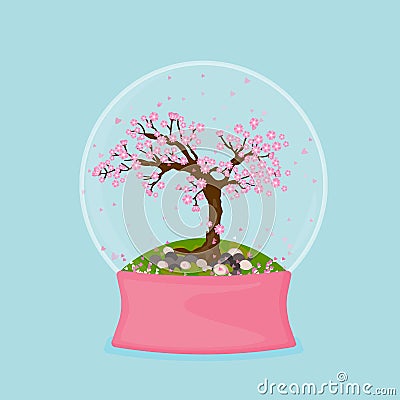 Snow globe with sakura tree inside on green Vector Illustration