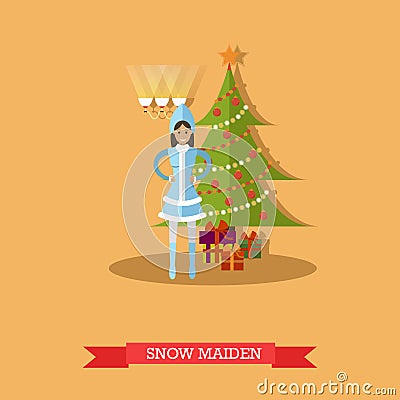 Vector illustration of Snow Maiden near New Year tree Vector Illustration