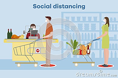 Social distancing People Supermarket Coronavirus Vector Illustration