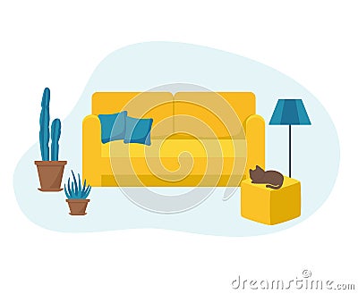 Vector illustration sofa, pouf and flowers flat style Cartoon Illustration