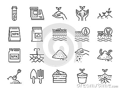 Soil line icon set. Included the icons as earth, compost, land, dirt, ground and more. Vector Illustration