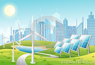 Vector illustration of solar panels and wind turbines in front of the city background with green hills. Eco green city Vector Illustration