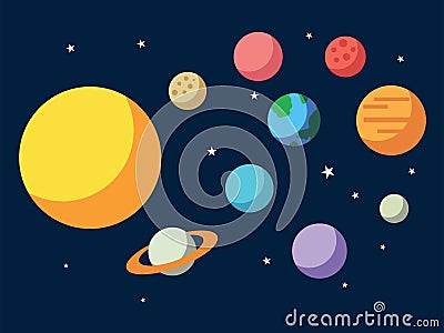 Vector illustration of Solar system. All planets Sun Mercury Venus Moon Earth Mars in the sky. Space, universe galaxy astronomy sc Vector Illustration