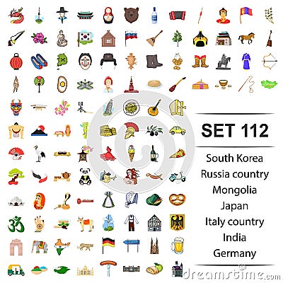 Vector illustration of South korea, Russia, country, Mongolia, Japan, Italy Germany India icon set icon set. Vector Illustration