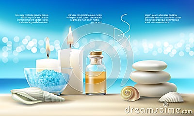 Vector illustration for spa treatments with aromatic salt , massage oil, candles. Vector Illustration