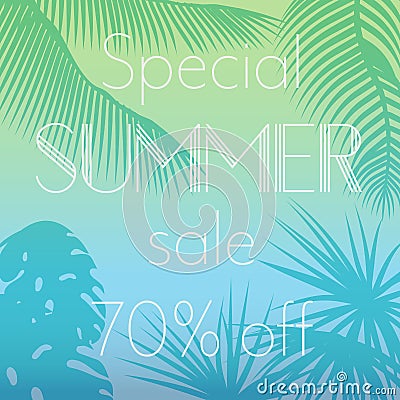 Vector illustration of special summer sale text on the background of palm leaves silhouettes Exotic banner, poster Vector Illustration