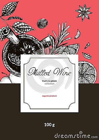 Vector illustration with spice label design for mulled wine on red. Dry fruits apples and oranges, seasoning for hot wine in the Vector Illustration