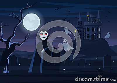 Vector illustration of spooky vampire and ghosts flying at castle at night. Halloween card. Vector Illustration