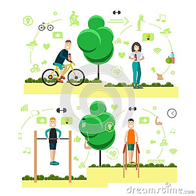 Vector set of training outside people flat symbols, icons Vector Illustration