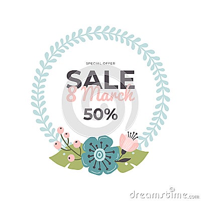 Hand-drawn banner for 8 March Sale. Vector illustration. Vector Illustration