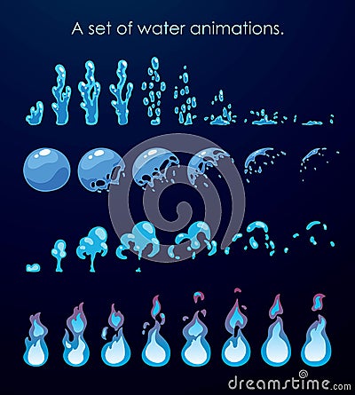 Sprite sheet of water splashes. A set of animations for game or cartoon. Vector Illustration