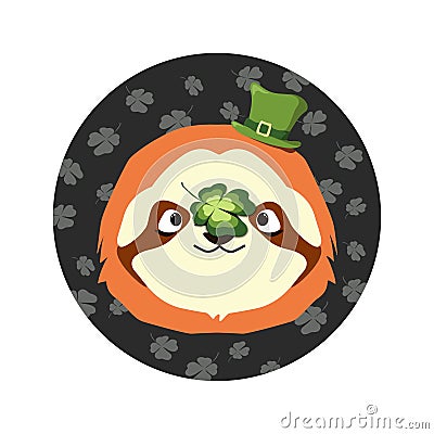 Vector illustration of the sloth`s head with the green hat at the top and the happy four-leaf clover on the nose for St. Patrick`s Vector Illustration