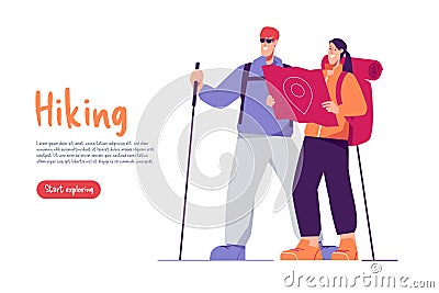 Vector illustration of standing couple of hikers travelers with backpacks looking at the map Vector Illustration