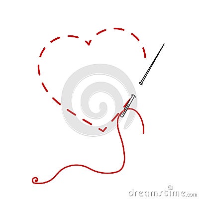 A vector illustration of stitched heart, needle with thread. Embroidery stylization with stitches. Background for Valentines day, Vector Illustration