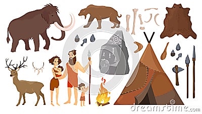 Vector illustration of stone age people with elements for life, hunting tools. Primitive Neanderthal people family - man Vector Illustration