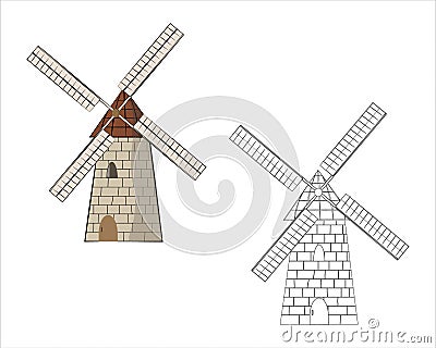 Vector illustration of a stone mill in color and black and white on a white background Cartoon Illustration