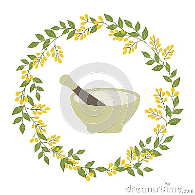 Vector illustration of stone mortal and pestle in botanical herbal wreath with yellow berries. Alternative medicine ayurveda Vector Illustration