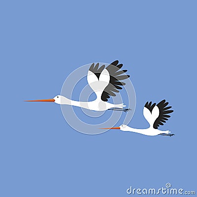 Vector illustration of storks on blue background, birds set cartoon style Vector Illustration