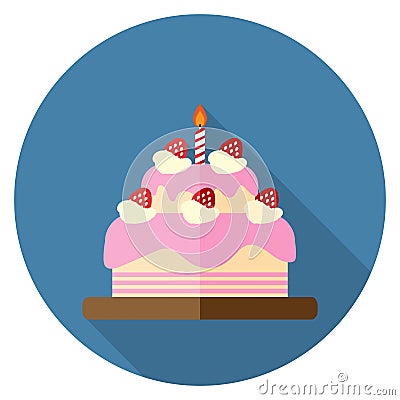 Vector illustration of strawberry birthday cake icon flat design on blue background in round shape. Cake for birthday celebration Vector Illustration