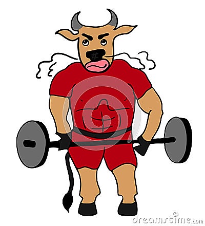 Vector illustration, strong ferocious bull performs an exercise with a barbell Vector Illustration