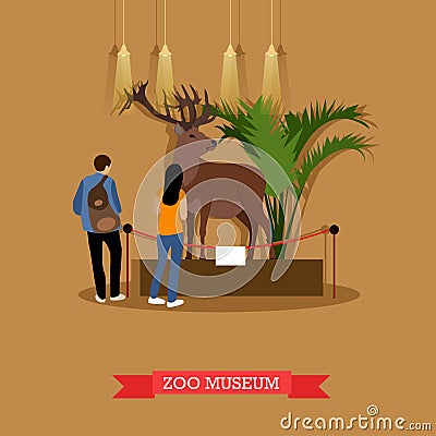 Vector illustration of stuffed deer and visitors in zoological museum Vector Illustration