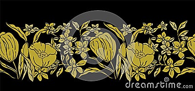 Vector illustration of stylized gold tulips, irises and poppies on black background. Vector Illustration