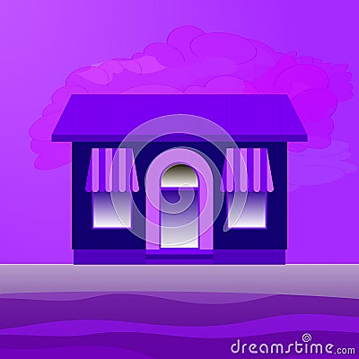 Vector illustration of a single-storey building in romantic purple lilac tones. Vector Illustration