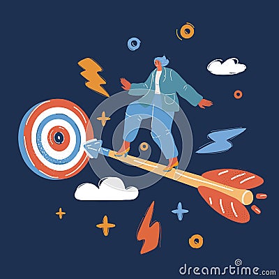 Vector illustration of succes Woman rushes on arrow to target over dark backround. Vector Illustration