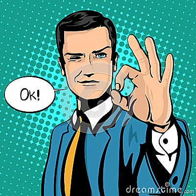 Vector illustration of successful businessman gives ok in vintage pop art comics style. Likes and positive feel. Gesture Vector Illustration