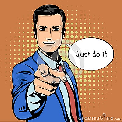 Vector illustration of successful businessman pointing finger in vintage pop art comics retro style. Likes and positive Vector Illustration