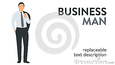 Vector illustration of a successful businessman in a suit standing with hand in the pocket. Poster with text placeholder Vector Illustration