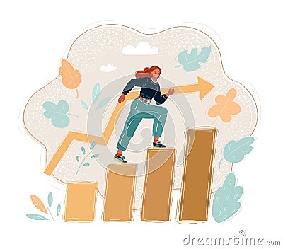 Vector illustration of successful businesswoman walking up a staircase. Woman step level by level. Vector Illustration