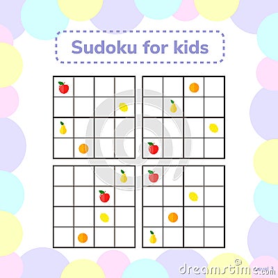 Vector illustration. Sudoku for kids with pictures. Logic game f Vector Illustration
