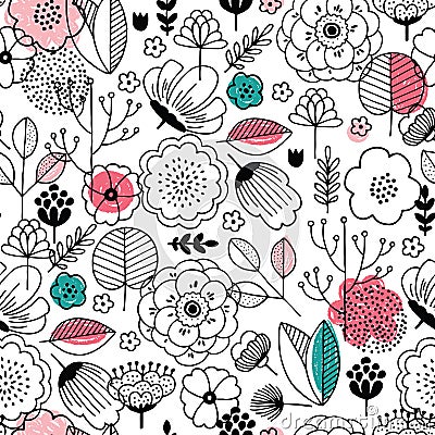 Summer flower seamless pattern. Linear kid graphic. florals background. Scandinavian style. Vector illustration Vector Illustration