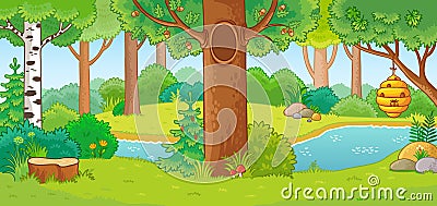 Vector illustration with summer forest and small river Cartoon Illustration