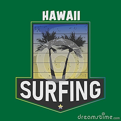 Vector Illustration Summer Vacation Wave Surfing Paradise Hawaii Fashion Design Tropical Tshirt Graphic with Typography Vector Illustration