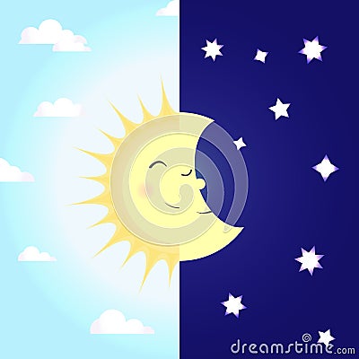 Vector illustration with sun and moon on day and night sky. Vector Illustration